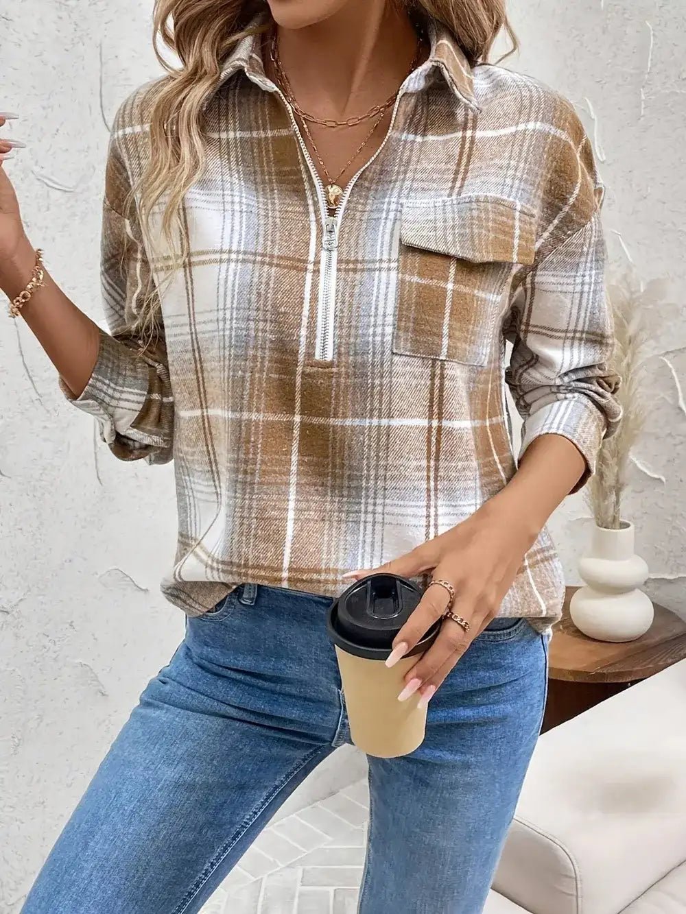 Plaid Collared Neck Half Zip Long Sleeve Top - Bela Fils BoutiqueBela Fils Boutique